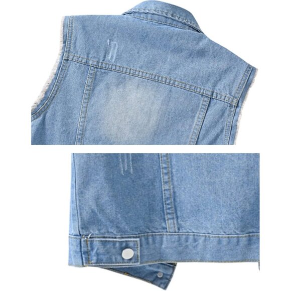 Women's Denim Vest Cotton Polyester Slim Fit Sleeveless Casual Jacket - Picture 5 of 5